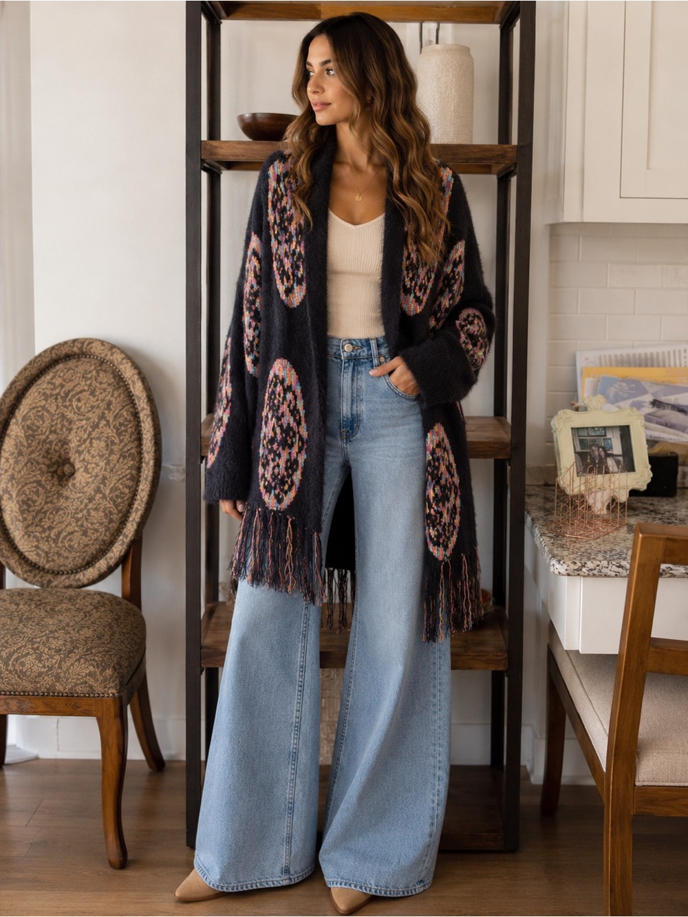 Boho Black and Pink Patterned Sweater